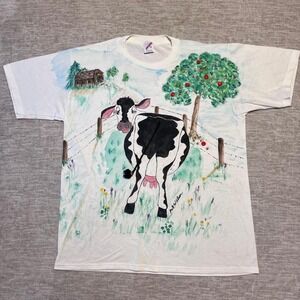 Vintage Jerzees T-Shirt XL Hand Painted Cow Farm Scene USA Made Funny Art Tee